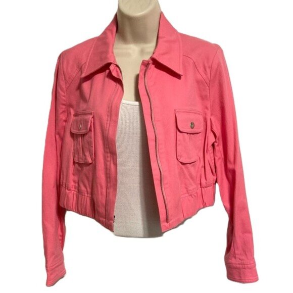 BEBE Pink Lemona Pink Lemonade Denim Zip Snap Jacket Womens Large - Picture 1 of 15